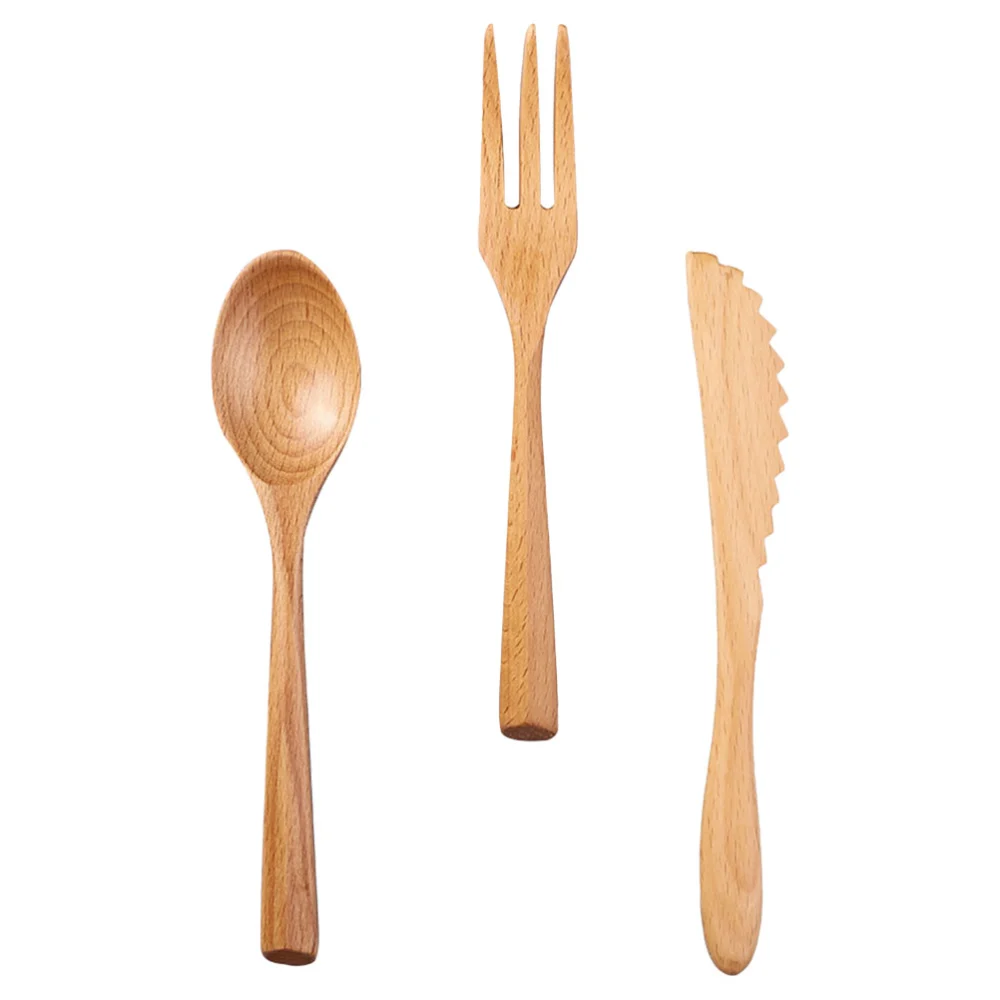 3 Pcs Japanese Style Wooden Cutlery Set Beech Three-piece Set for Home (Log Color)