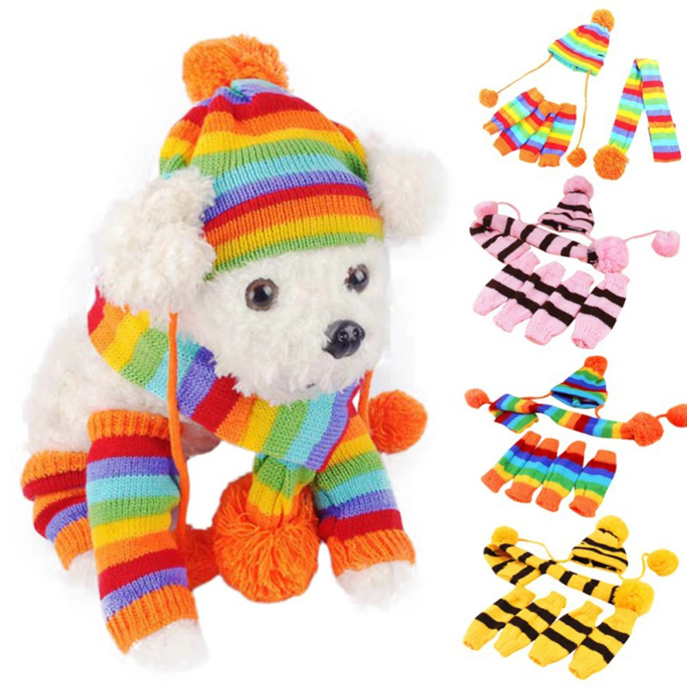 1 Set of Knitted Winter Dog Scarf Hat Set Dog Warm Costume Pet Festival Strpe Clothes Winter Accessories Size S Rainbow Color