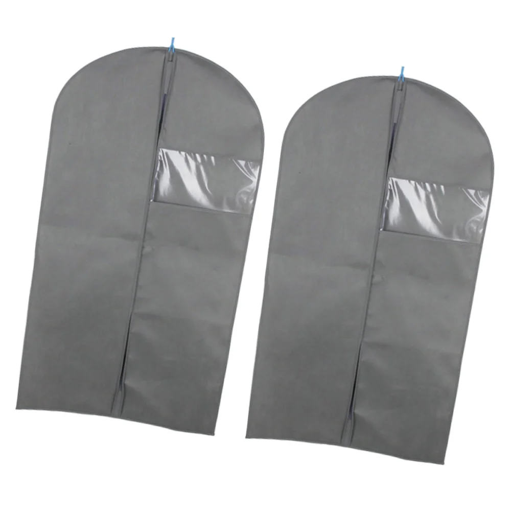 2pcs Non-woven Fabrics Suit Cover Formal Dress Storage Zip Bag Portable Dust-proof Hanging Pouch for Home (Grey, 60x108cm + 60x128cm)