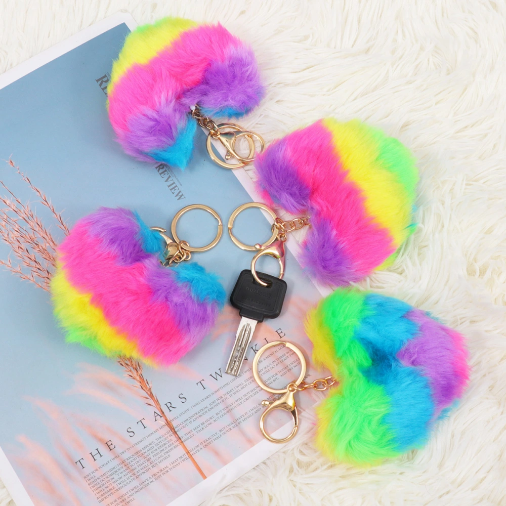 4 pcs Artificial Rabbit Fur Ball Decoration Color Rainbow Heart Pendant Key Ring chain (Mixed Color)