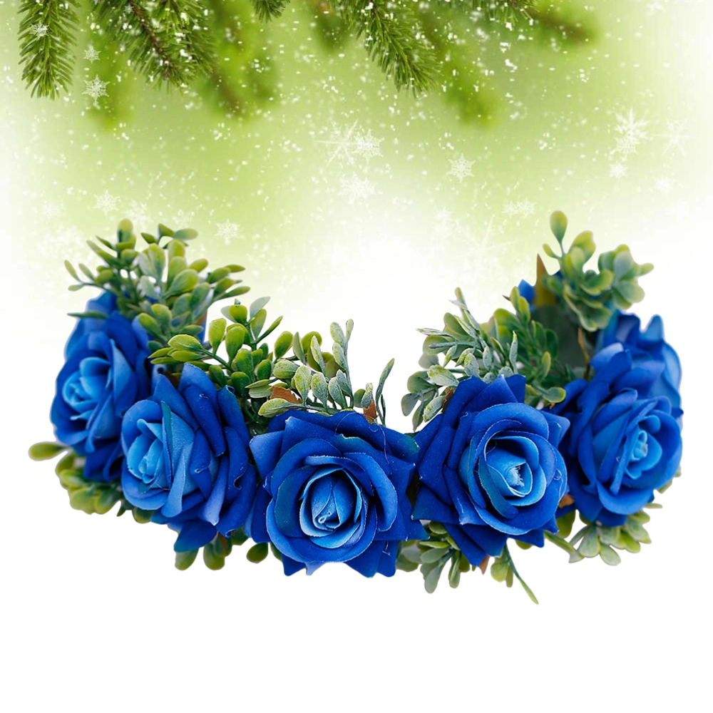 1PC Floral Headdress Artificial Rose Hair Wedding Hair Band Cosplay Headwear for Girls Brides (Blue)