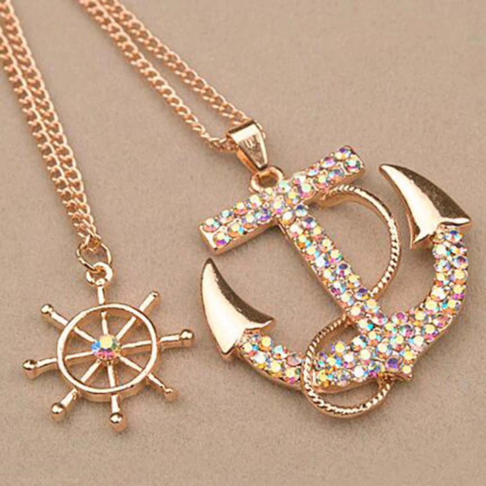 Fashion Multilayer Long Pendant Necklace Vintage Ethnic Boat Anchor Sweater Chain Necklace Jewelry (Colorful Rhinestones)
