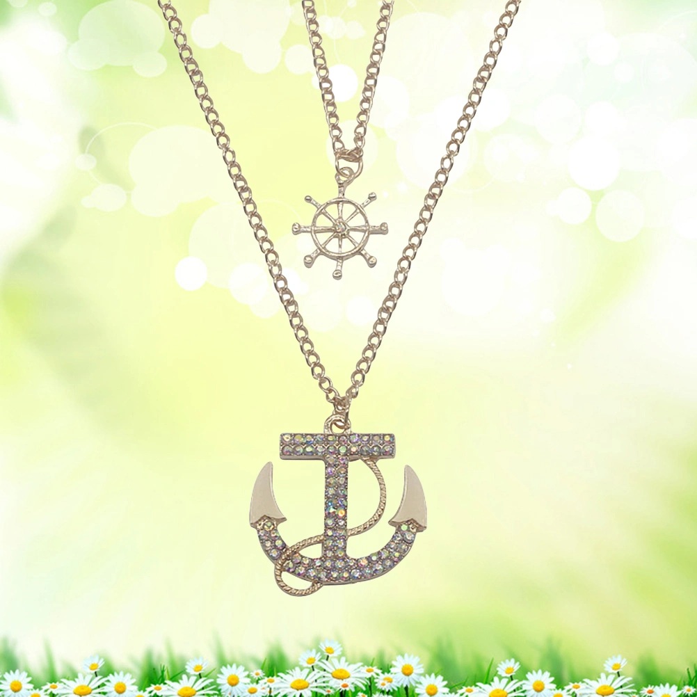 Fashion Multilayer Long Pendant Necklace Vintage Ethnic Boat Anchor Sweater Chain Necklace Jewelry (Colorful Rhinestones)
