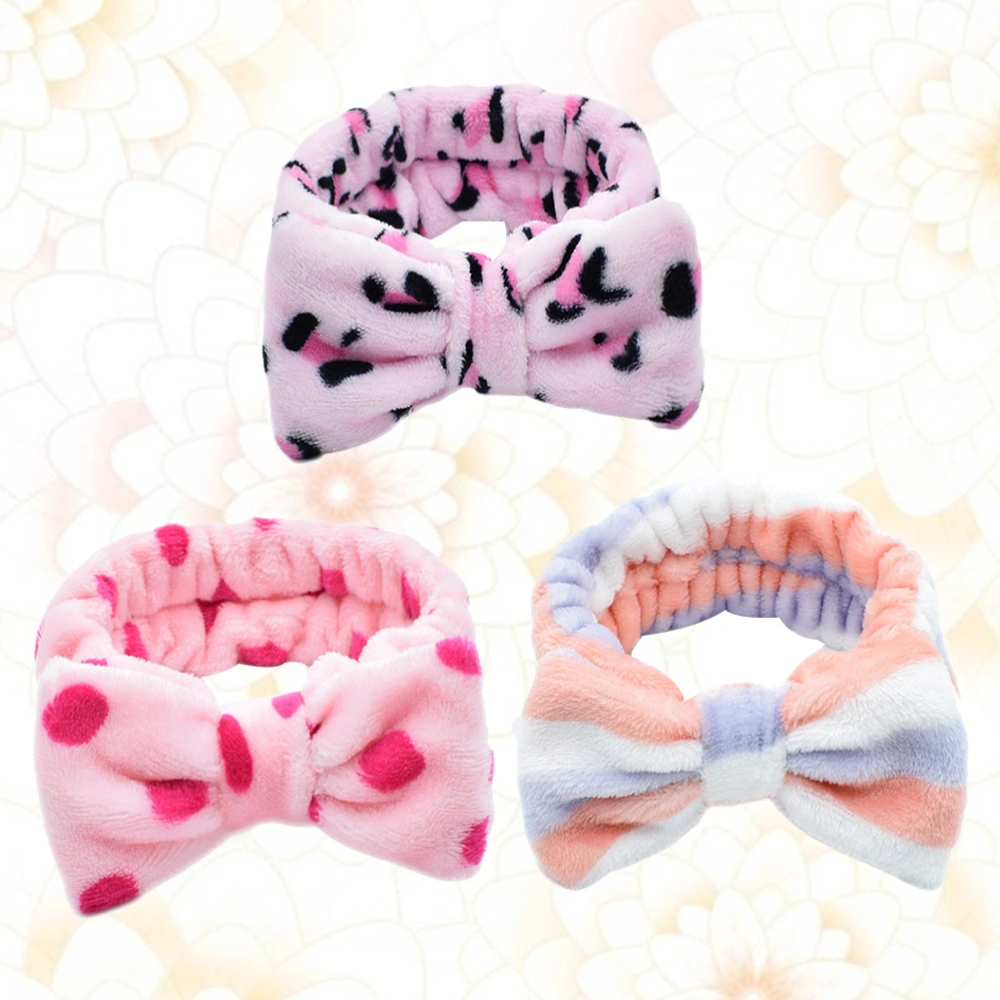 3pcs Women Absorbent Quick-drying Coral Fleece Bow Hair Band Set Face Washing Makeup Headband for Girls Lady Woman (Pink, Purple, Rosy)