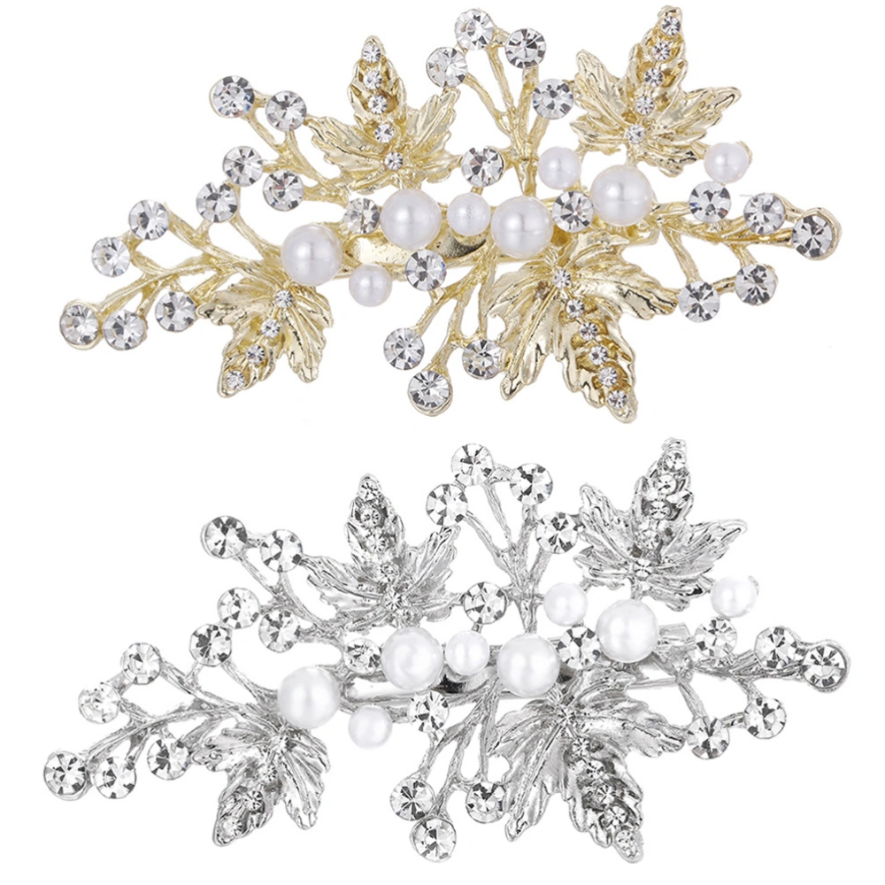 2pcs Pearl Hairpins Bridal Leaf Head Piece Bling Hair Clips Rhinestone Barrettes