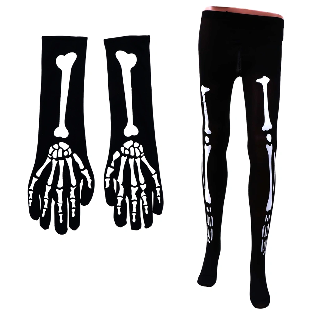 1 Set of Halloween Bone Printed Decorative Glove Pantyhose Set for Cosplay