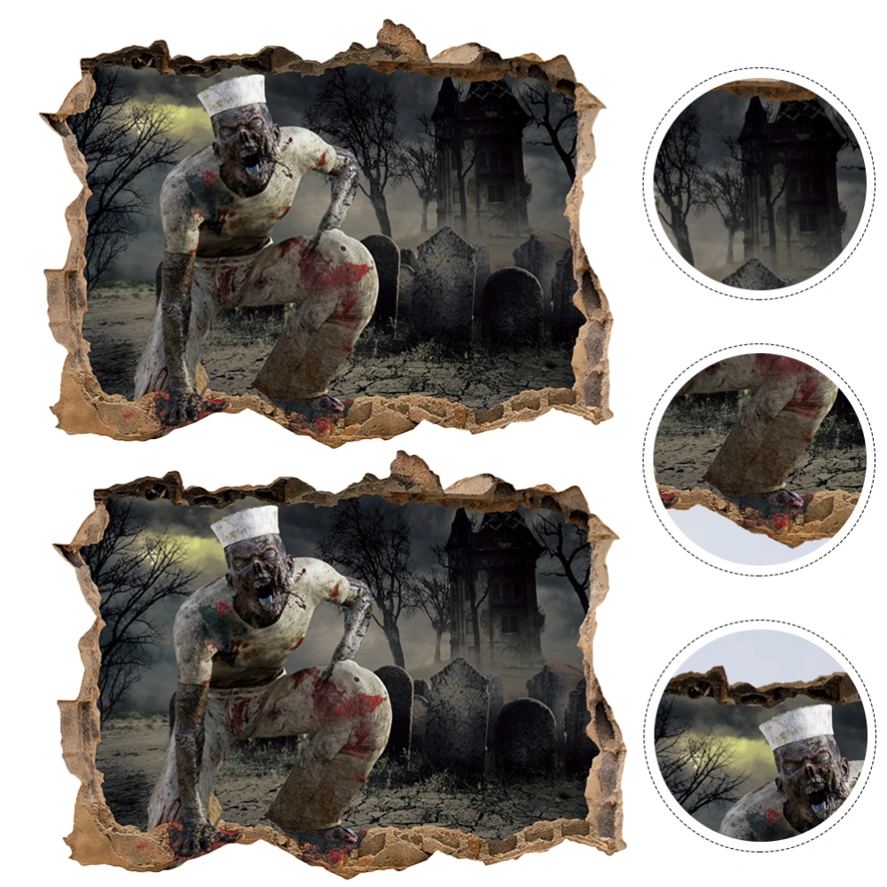 2 Pieces Halloween Sticker Wall Breaking Zombie Pattern Sticker 3D Wall Decal