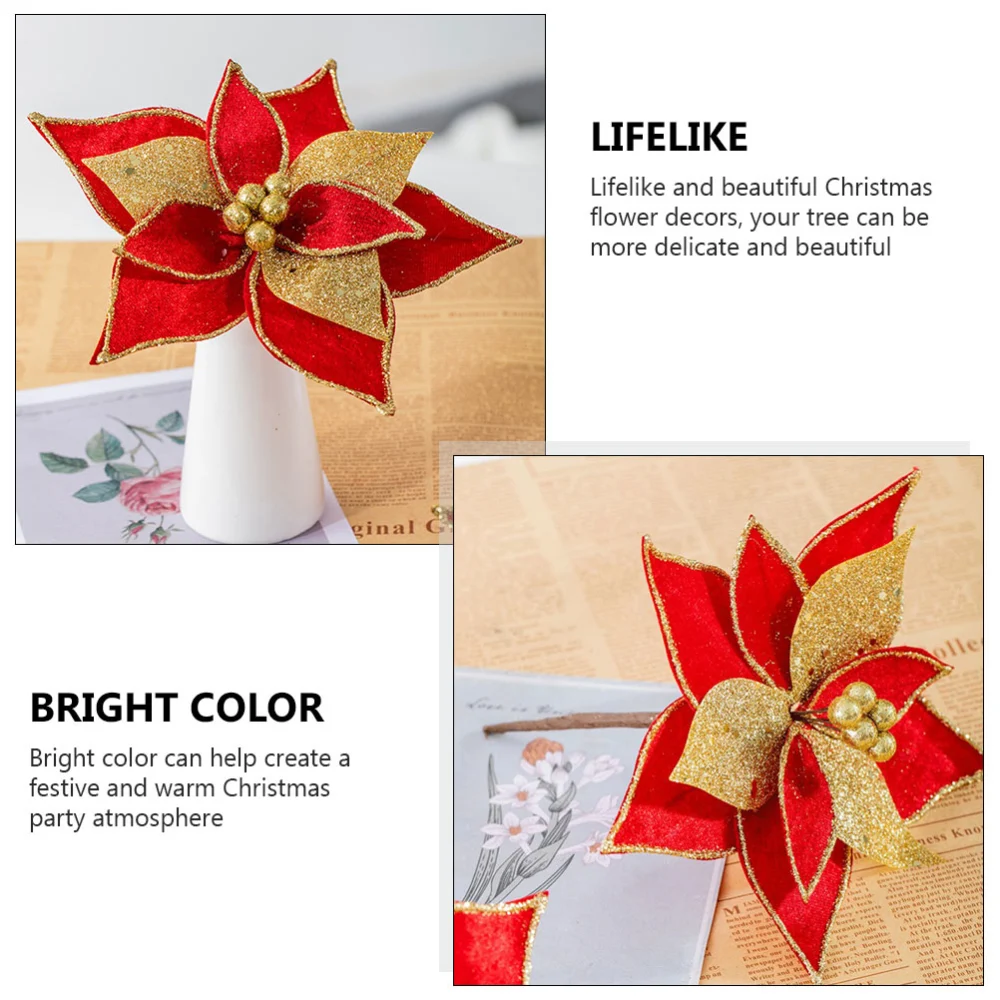 2pcs Christmas Flowers Cloth Flowers DIY Xmas Decorative Flowers (Golden)