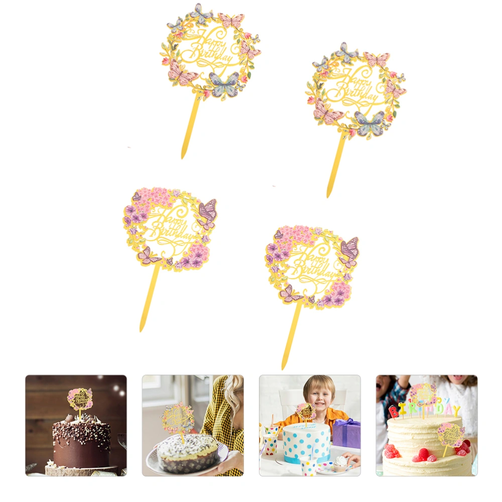 4Pcs Flower Butterflies Cupcake Toppers Acrylic Dessert Toppers Happy Birthday Cake Decor