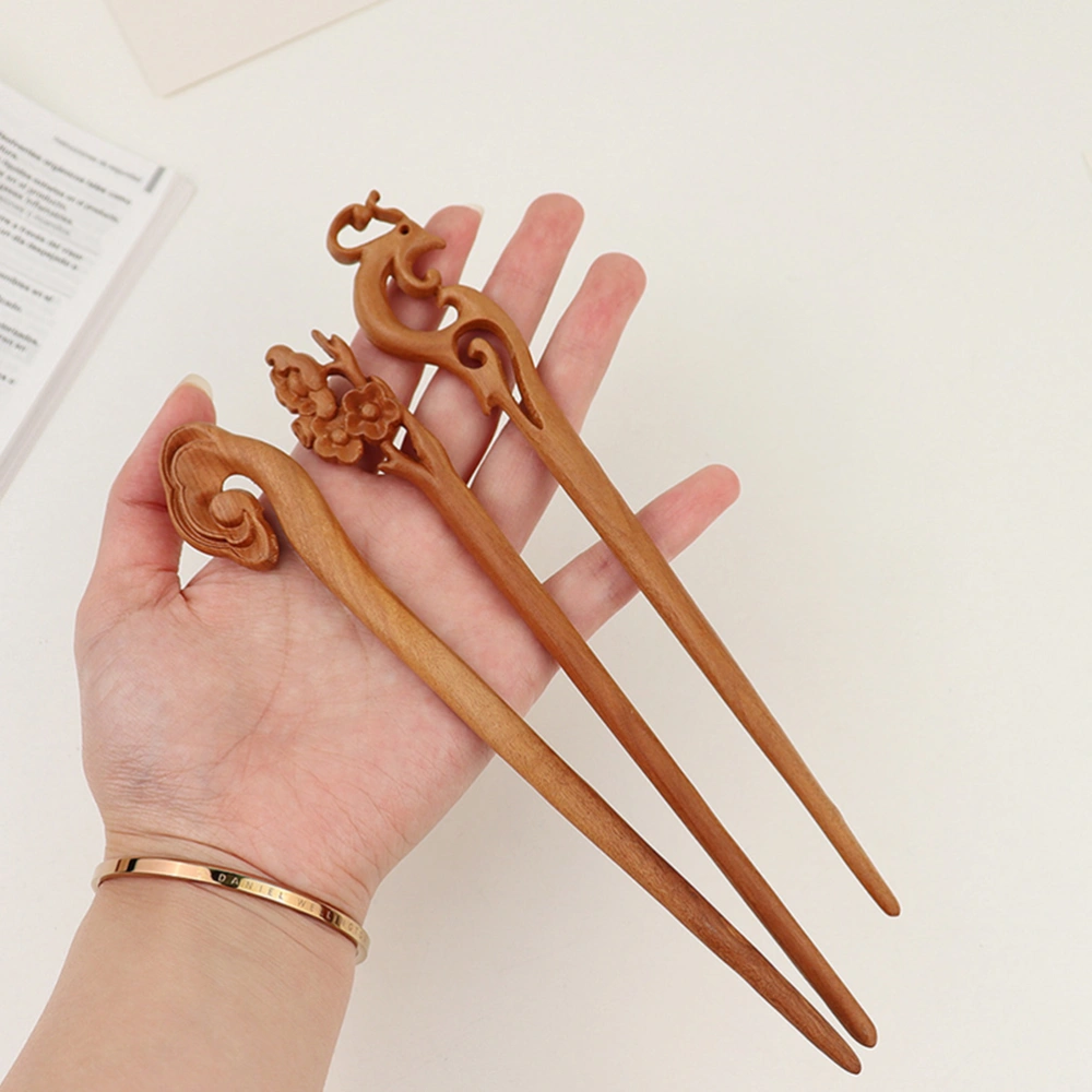 3Pcs Vintage Wood Chopsticks Hair Pin Wooden Carved Long Hair Stick Hairpins