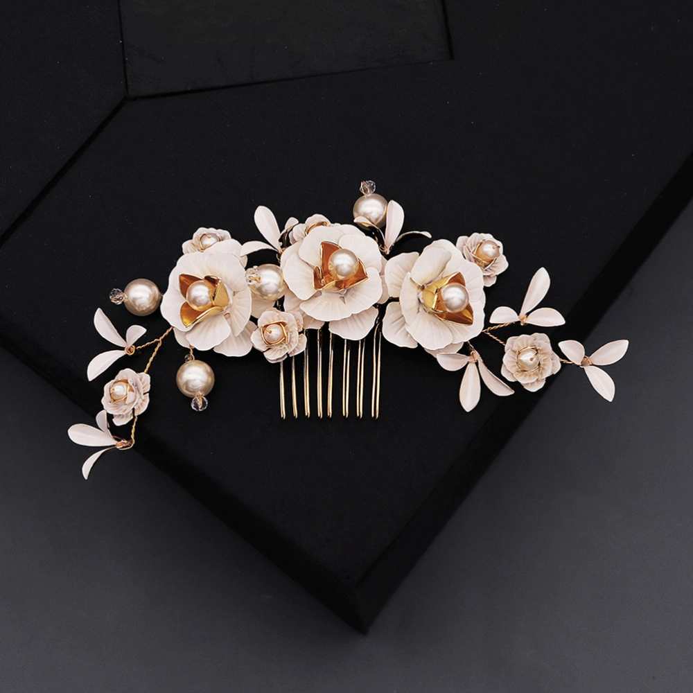 Handmade Rhinestone Florals Hairpin Pearl Hair Comb Bridal Hair Accessories for Women (Golden)