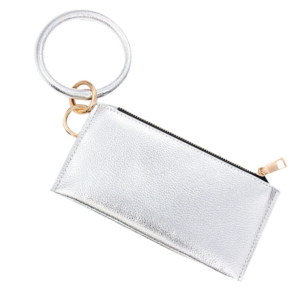 PU Leather Bag Key Chain Wallet Portable Bag Fashion Purse Delicate Zipper Purse Durable Hand Bag for Woman Girl Lady (Silver)