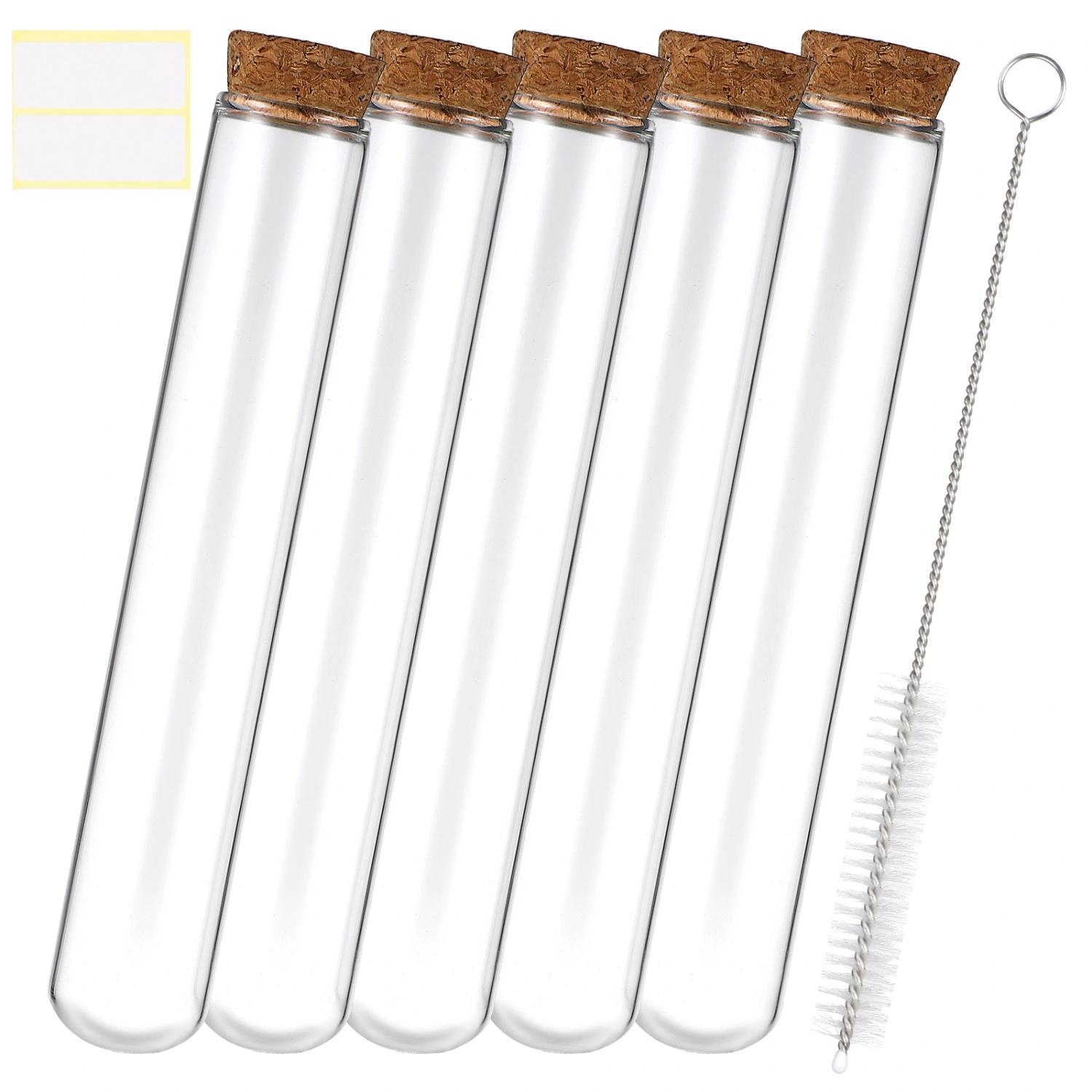 5 Pcs Glass Test Tubes with Cork Stoppers Clear Test Bottles Transparent Sealing Test Tubes with Label and Cleaning Brush