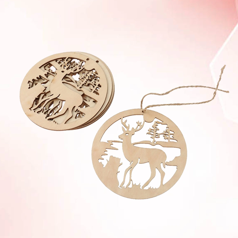 10pcs Handmade Round Wooden Hollow Deer Design Pendants Hanging Ornaments Xmas Decorations for Christmas Tree Decor