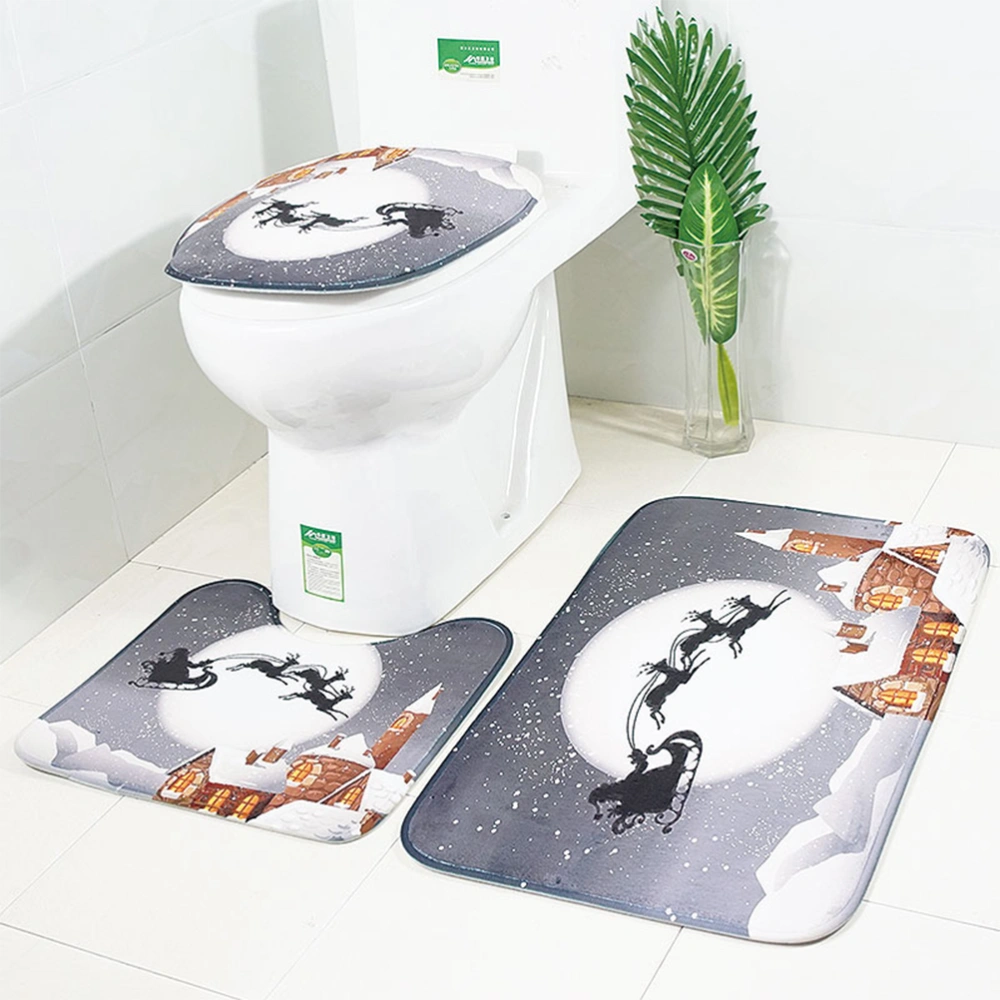 3 in 1 Grey Christmas and House Pattern Bathroom Mat Set Antiskid Washroom Carpet Mat Toilet Seat Lid Cover