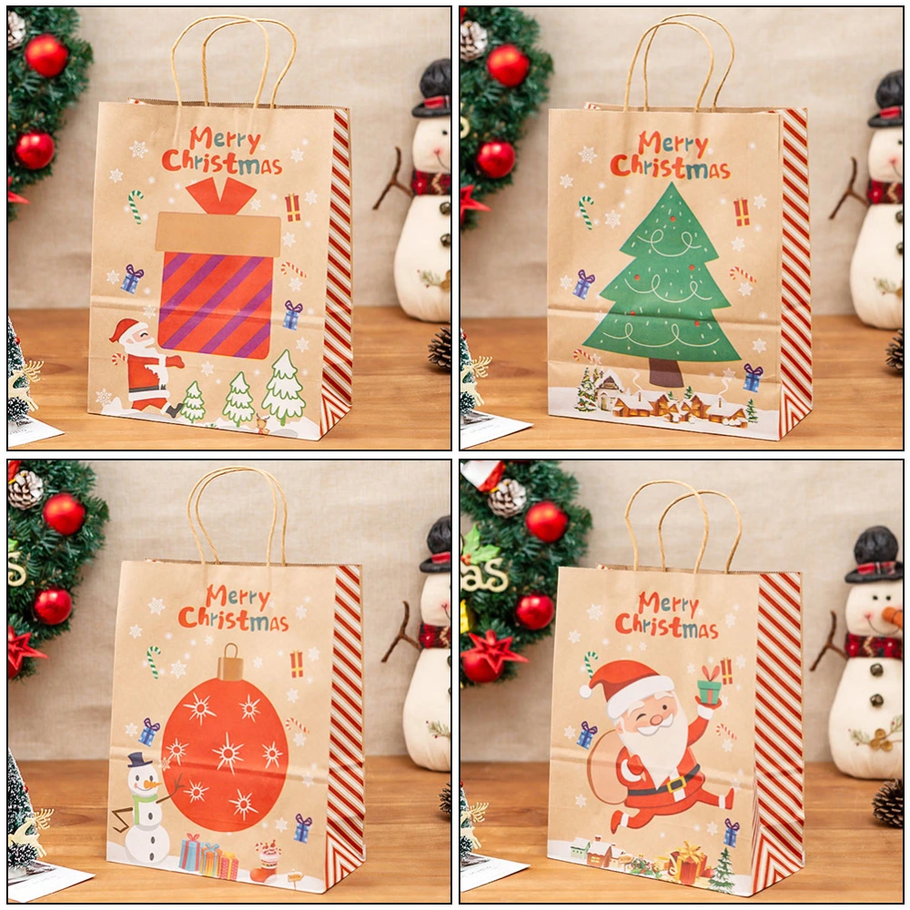 4pcs Christmas Candy Pouch Kraft Paper Candy Bag Creative Gift Tote Bags