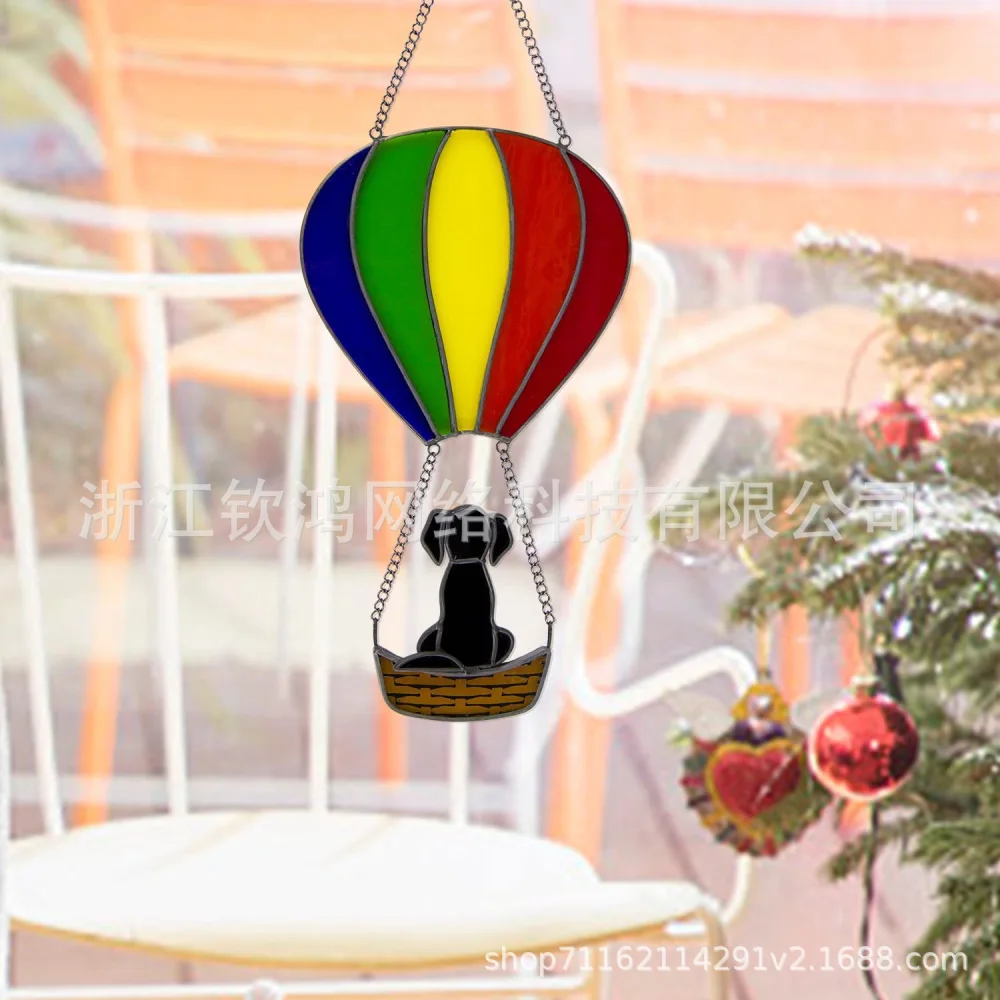 Rainbow Hot Air Balloon With Dog Decor Acrylic Suncatcher Ornament Window Wall Decor