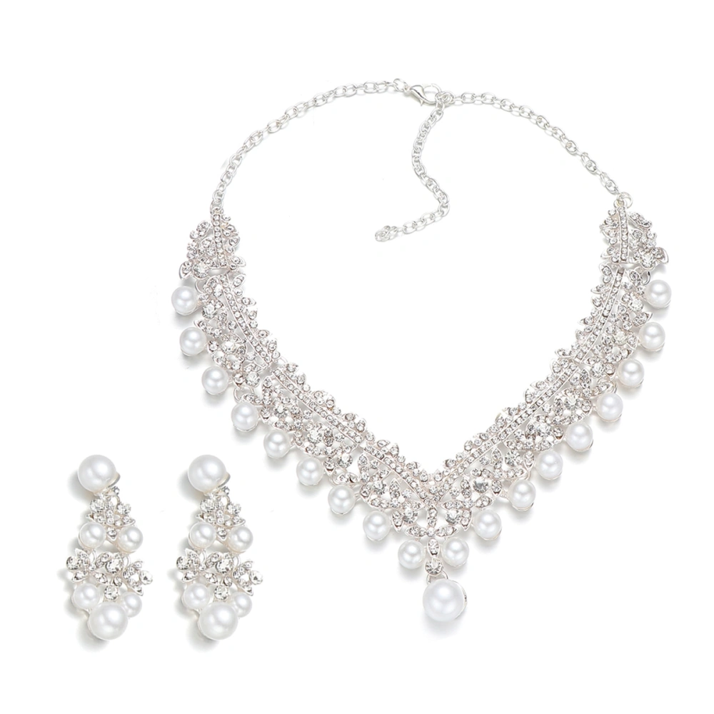 Glamorous Necklace and Earrings Jewelry Set Rhinestone Pearl Bride Wedding Jewelry Accessories