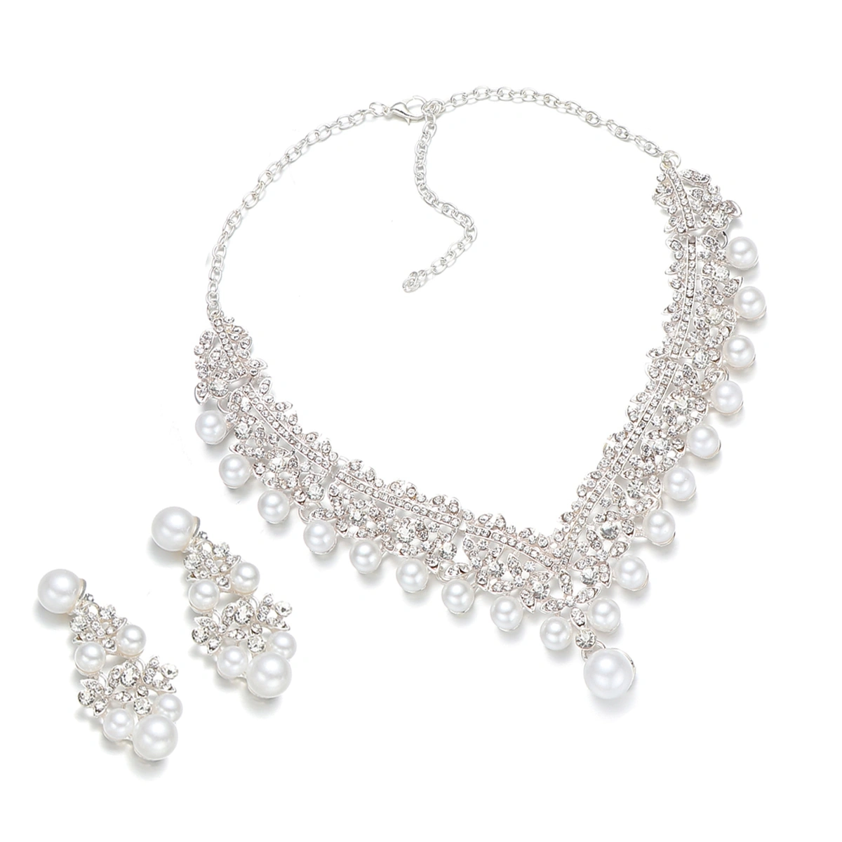 Glamorous Necklace and Earrings Jewelry Set Rhinestone Pearl Bride Wedding Jewelry Accessories