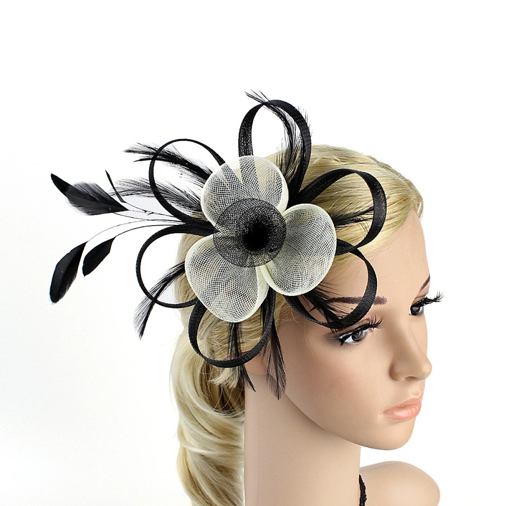 Fascinator Pillbox Hat Cocktail Party Headdress Wedding Bride Headwear (Black+White, Random Clip Style)