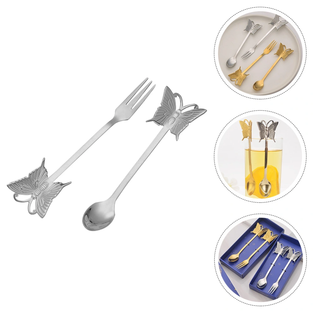 1 Set of Exquisite Dessert Tasting Tableware Stainless Steel Spoon Fork Set Butterfly Pattern Cutlery