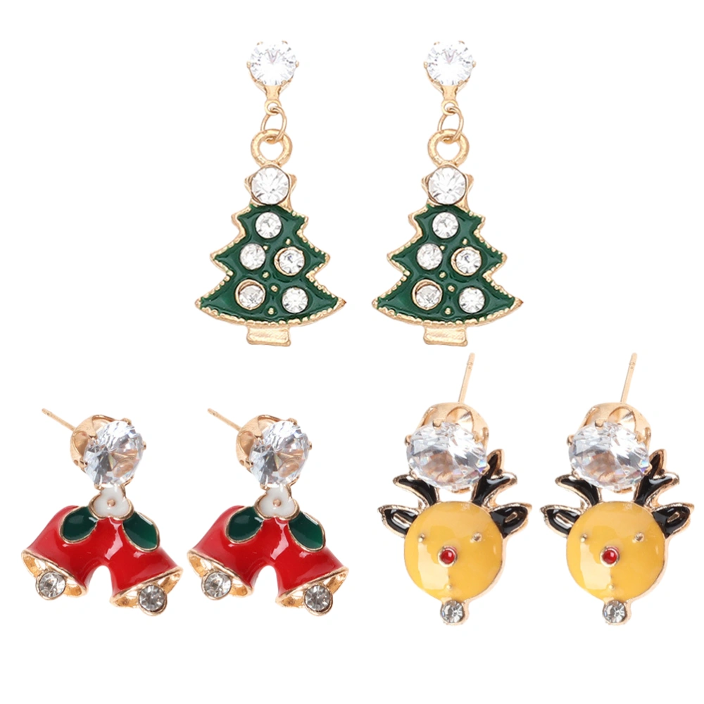 3 Pairs Christmas Themed Creative Oil Drip Earring Set Diamond Bell Earring