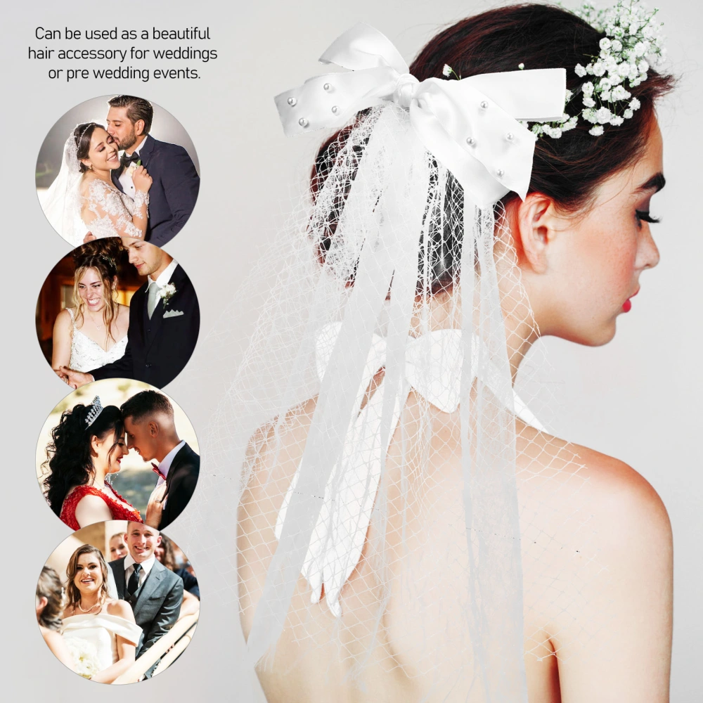 Wedding Veil Pearl Beads Decor Bowknot Plaid Mesh Tulle Bridal Veil Hair Accessory for Women