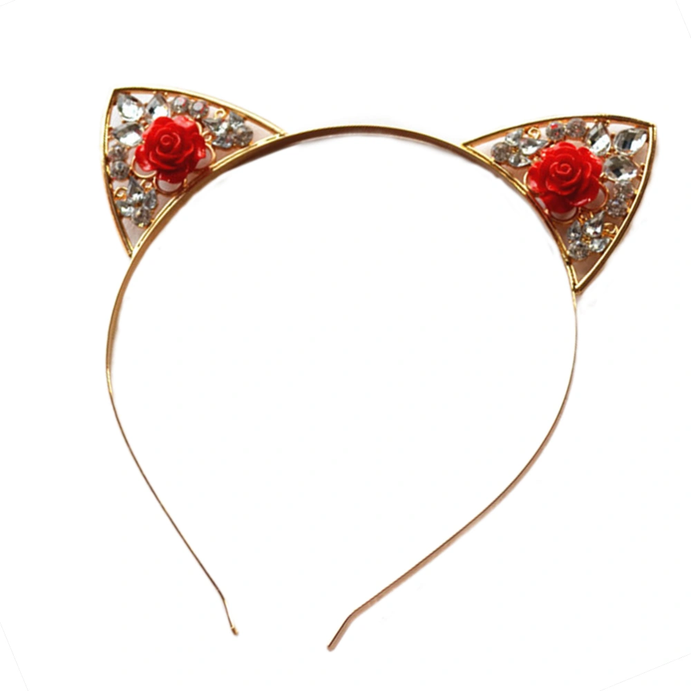 Cat Ears Headband Shiny Crystal Flower Hair Hoops Bling Hairband Hair Accessories for Women Girls (Red)