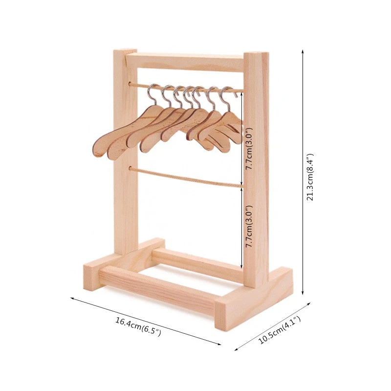 Doll Clothes Hanger Rack Wooden Mini Clothing Hanger Shelf Miniature Wooden Clothing Holder