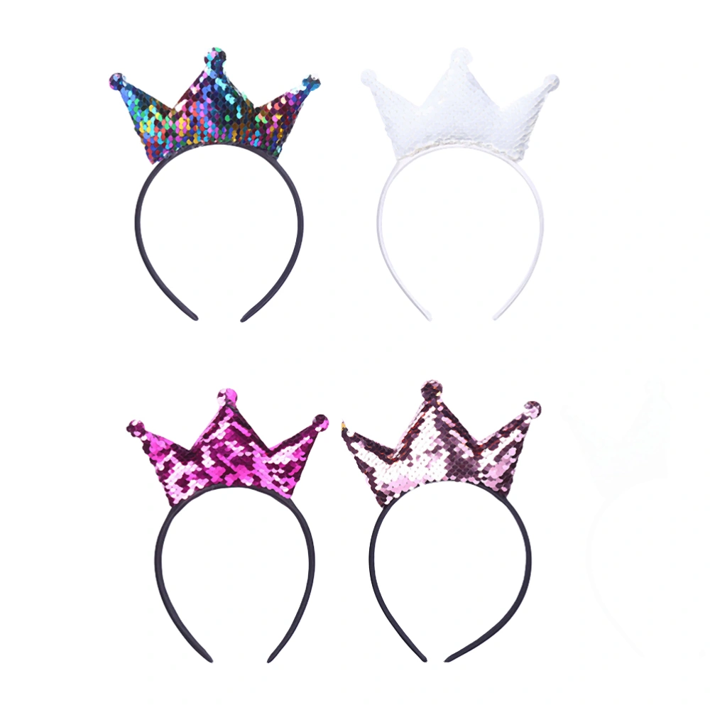 4pcs Children Sequin Headband Decorative Headdress Adorable Crown Design Hair Bands Creative Hair Hoops Kids Party Favors Supplies(Random Color)