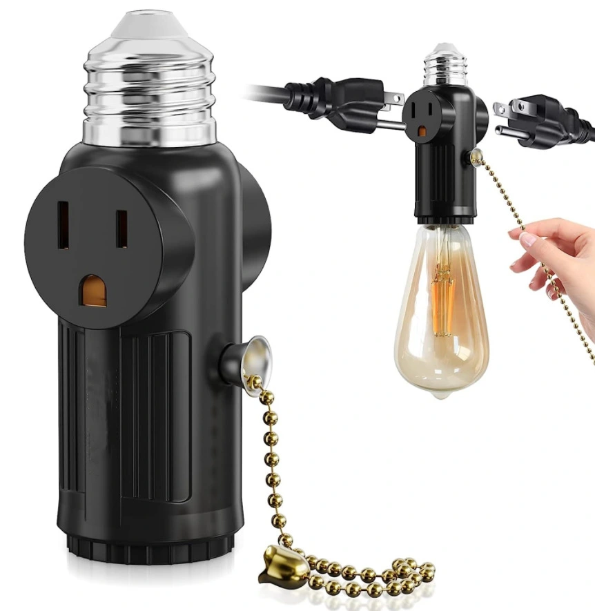 Light Socket To Plug Adapter with Pull Switch E26 Bulb Splitter Double 3-prong Outlet Converter