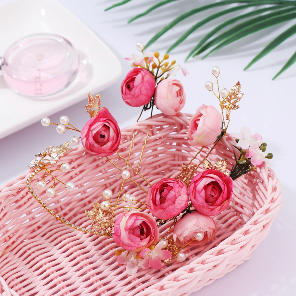 Lurrose 4PCS Rose Flower Hairpin Hair Decorations U-Shaped Hairpin Hair Clips Accessories for Wedding Bride Bridesmaid Party (Pink)