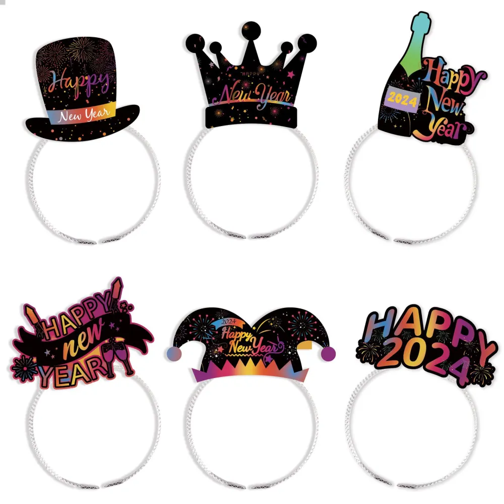 6pcs Happy New Year Headband Party Headbands New Year Themed Hair Hoops Headdress