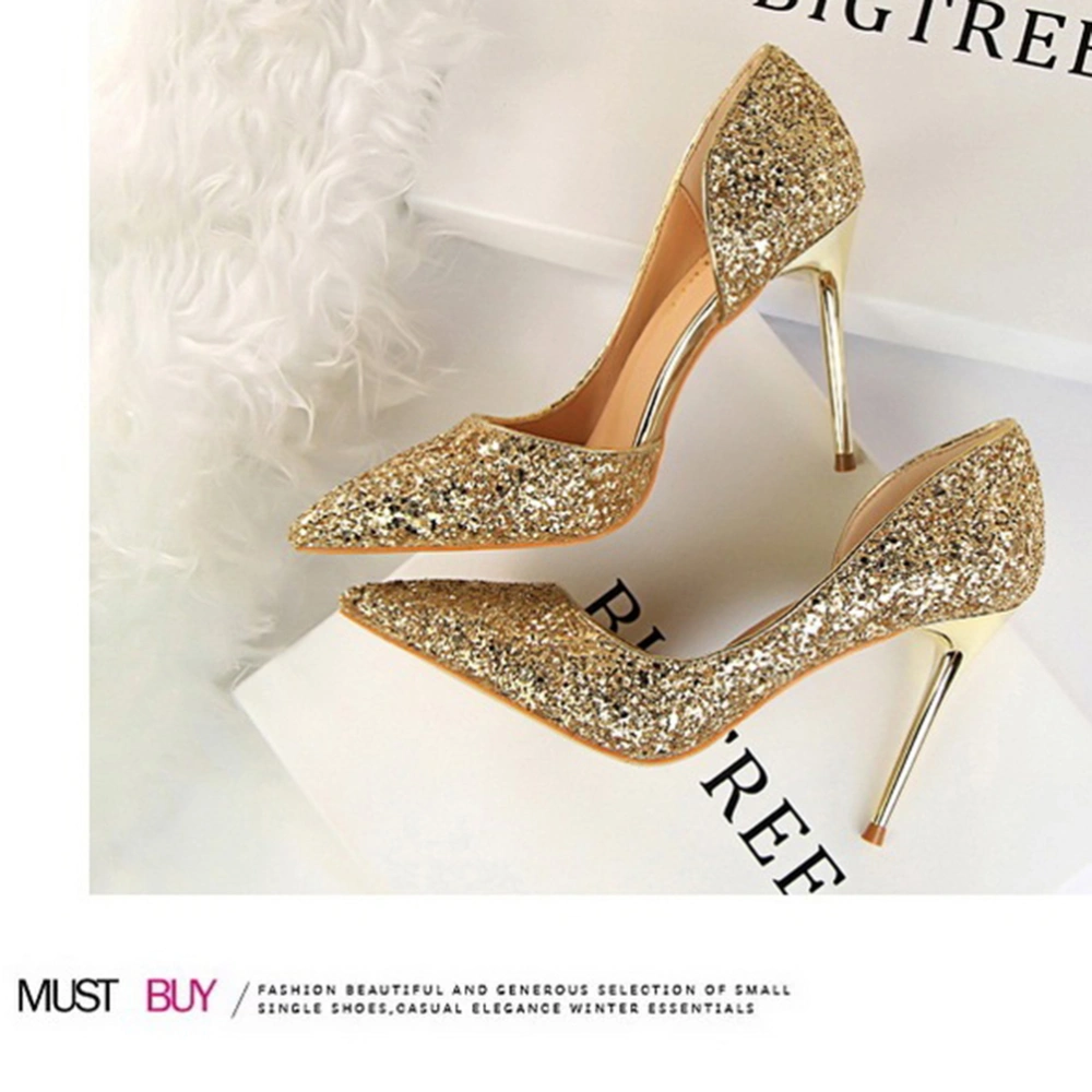 1 Pair Thin High Heel Shoes Elegant Shallow Mouth Pointed Toe Shoes High Heel Sequins Single Shoes Fashion Stiletto Shoes Sexy Female Dress Shoes for Banquet Party Night Club Golden Size 41 EU40,US8.5,UK6