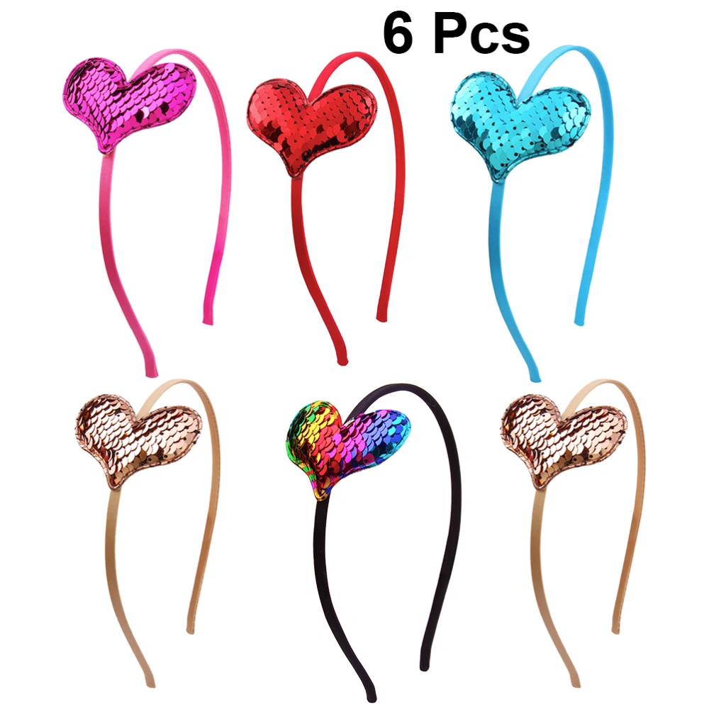 6PCS Glitter Sequin Heart Headband Party Love Shape Hair Hair Accessories for Women Girl (Red/Blue/Colorful Each for 1PC/Yellow for 2PCS)