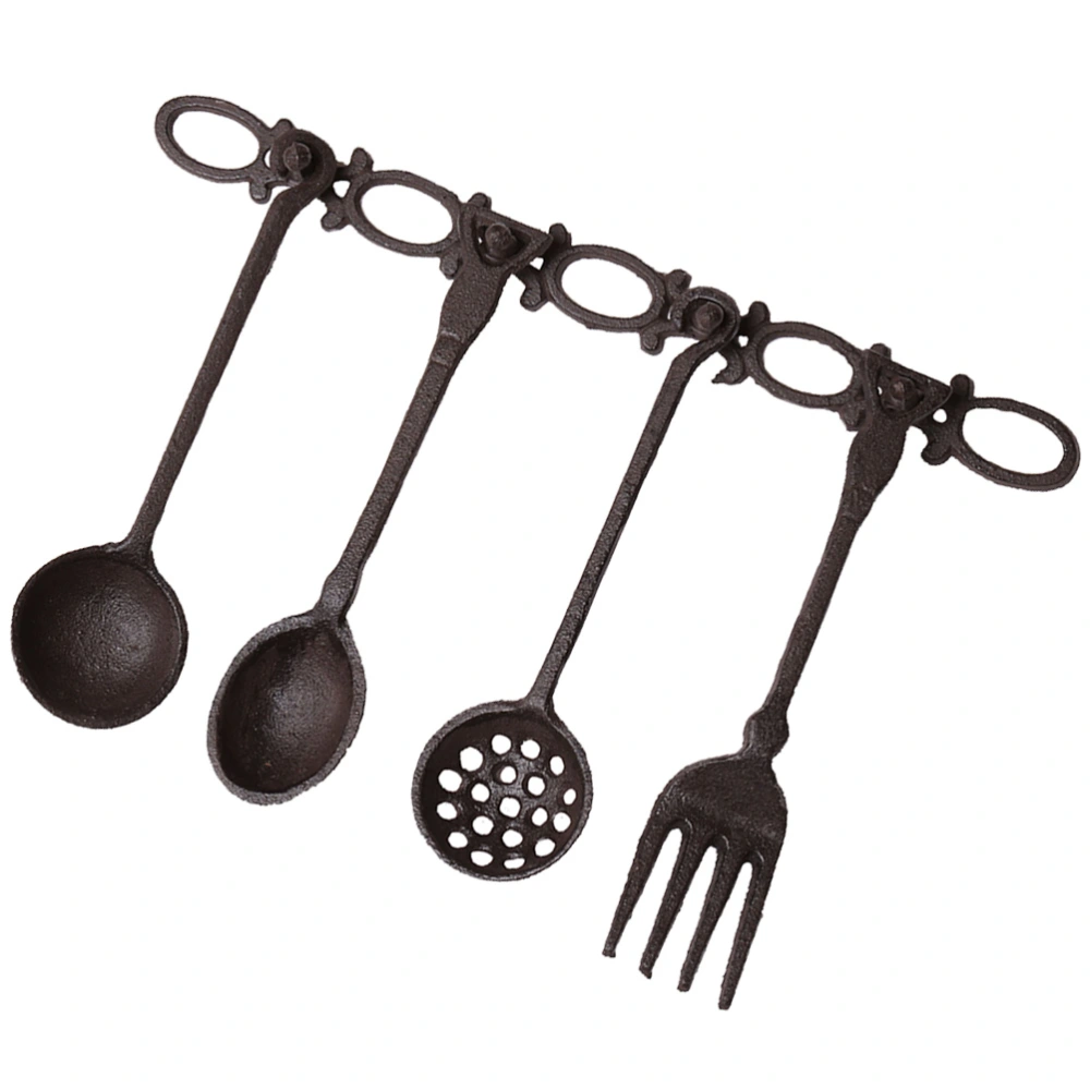 Decorative Antique Wall Mount Iron Hook Hanger Rack Equipped with Cast Iron Tableware Utensil Set Home Kitchen Wall Decor