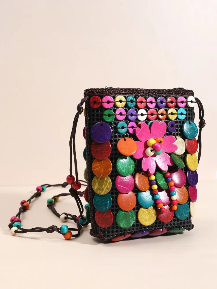 Ethnic Style Crossbody Bag Coconut Shell Beads Shoulder Bag Woven Purse for Women