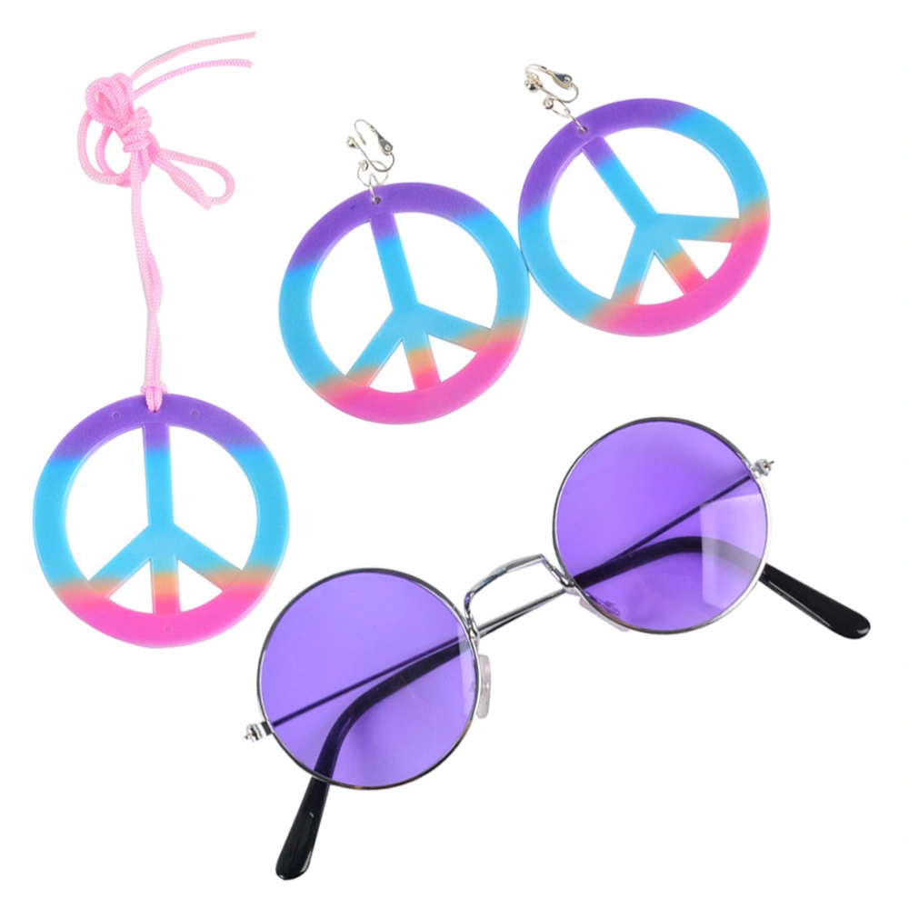 4pcs in 1 Set Purple Peace Symbol Design Necklace Pendant Hippie Masquerade Eyeglass Fancy Earrings Dress up Accessary Decoration for Ball Cosplay Carnival(1pc Necklace, 1pc Eyeglass and 1 Pair Earring)