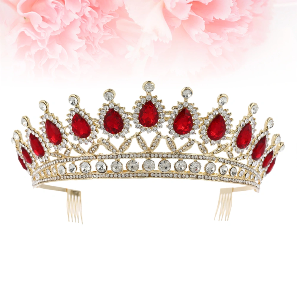 1PC Bridal Rhinestone Large Crown with Comb Headdress Alloy Crown Headdress Elegant Headdress for Woman Girl (Red)