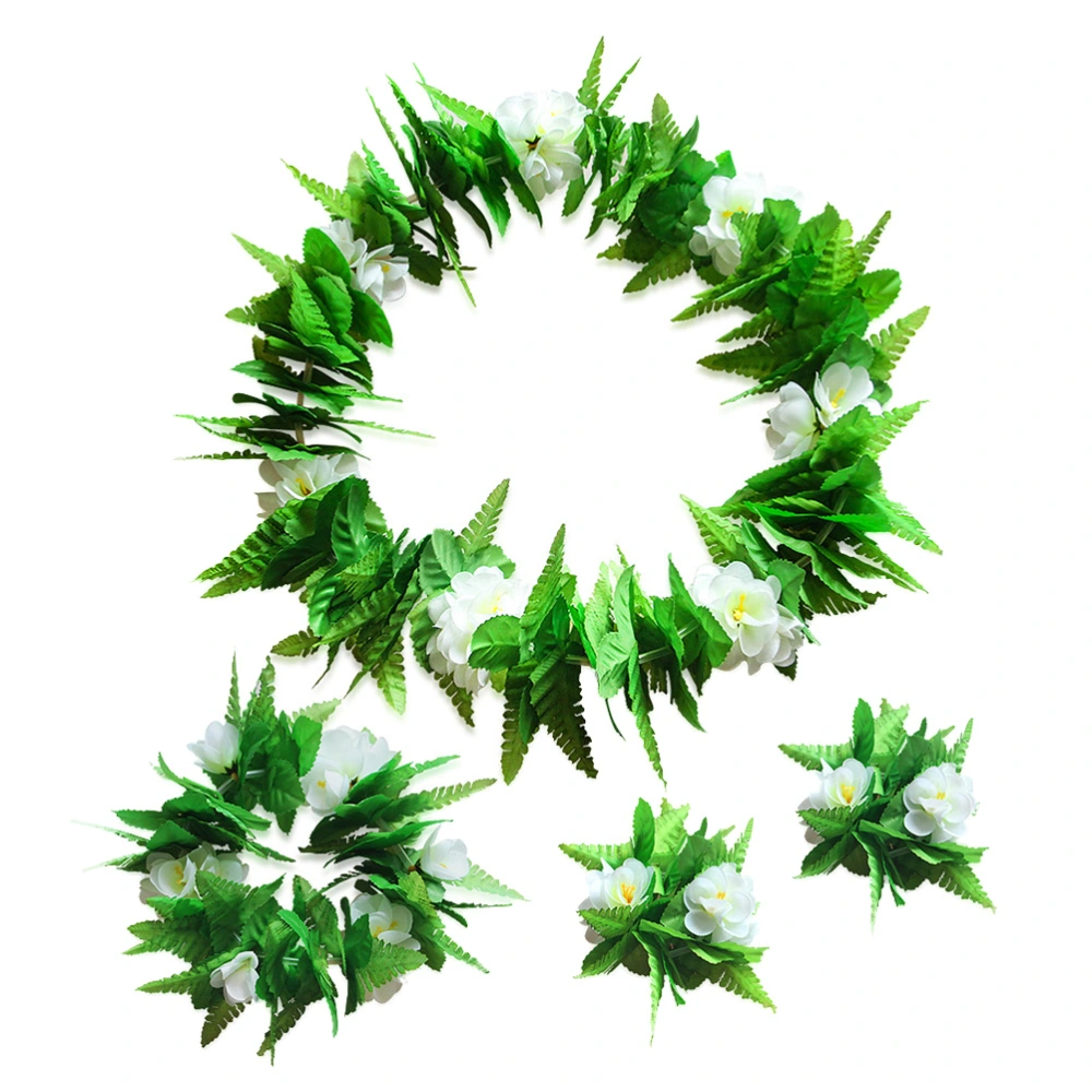 4pcs/Set Simulation Green Leaves Floral Garland Hawaiian Leis Flower Necklace Bracelets Wreath Headwear Costume Accessories Party Supplies for Women Girls