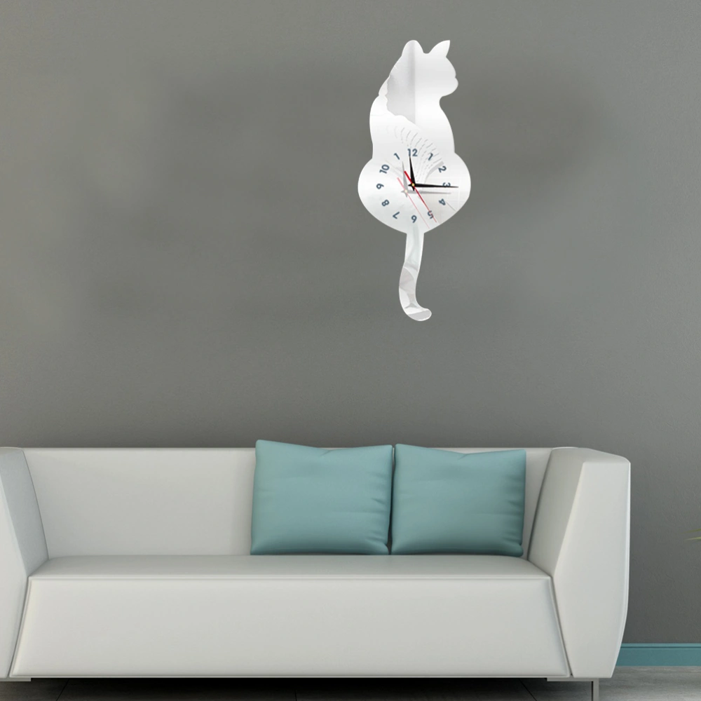 1Pc Creative Lovely Cat Shape Wall Clock Exquisite Acrylic Mute Wall Hanging Clock Household Wall Decoration (Silver)