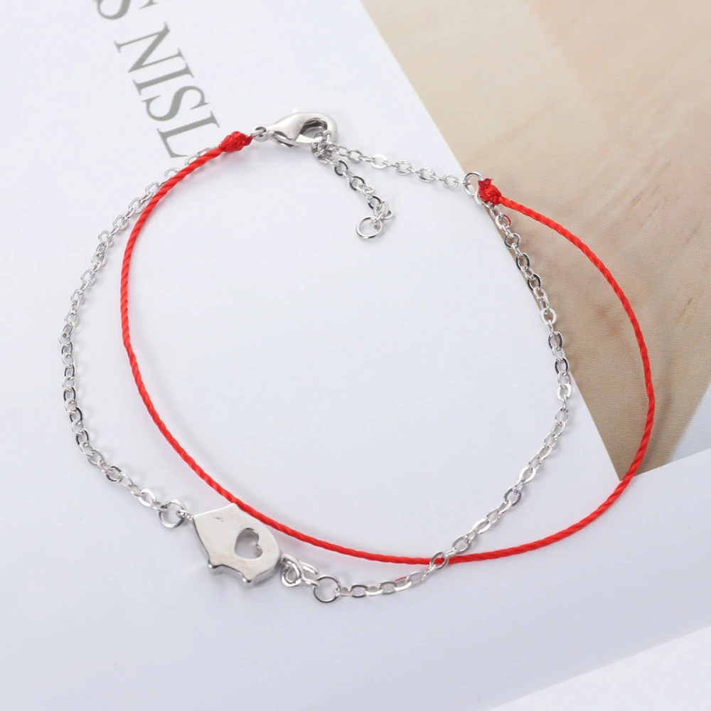 Fashionable Bracelet Love Pig and Red Rope Pattern Double Layers Bracelet Bangles Metal Jewelry Gifts for Women and Girls (Silver)