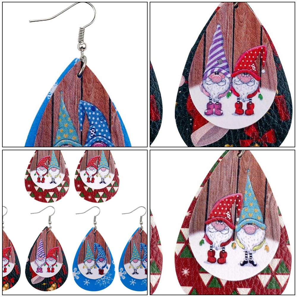 3 Pairs Xmas Leather Earrings Santa Claus Pattern Eardrops (Random Color Style)