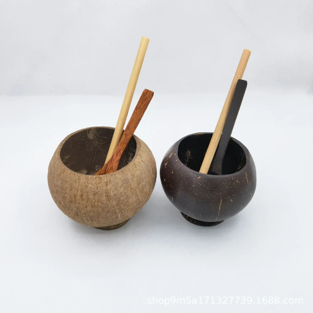 Coconuts Shell Cup Dessert Coconuts Cup Drink Cup Juice Container with Straw and Spoon