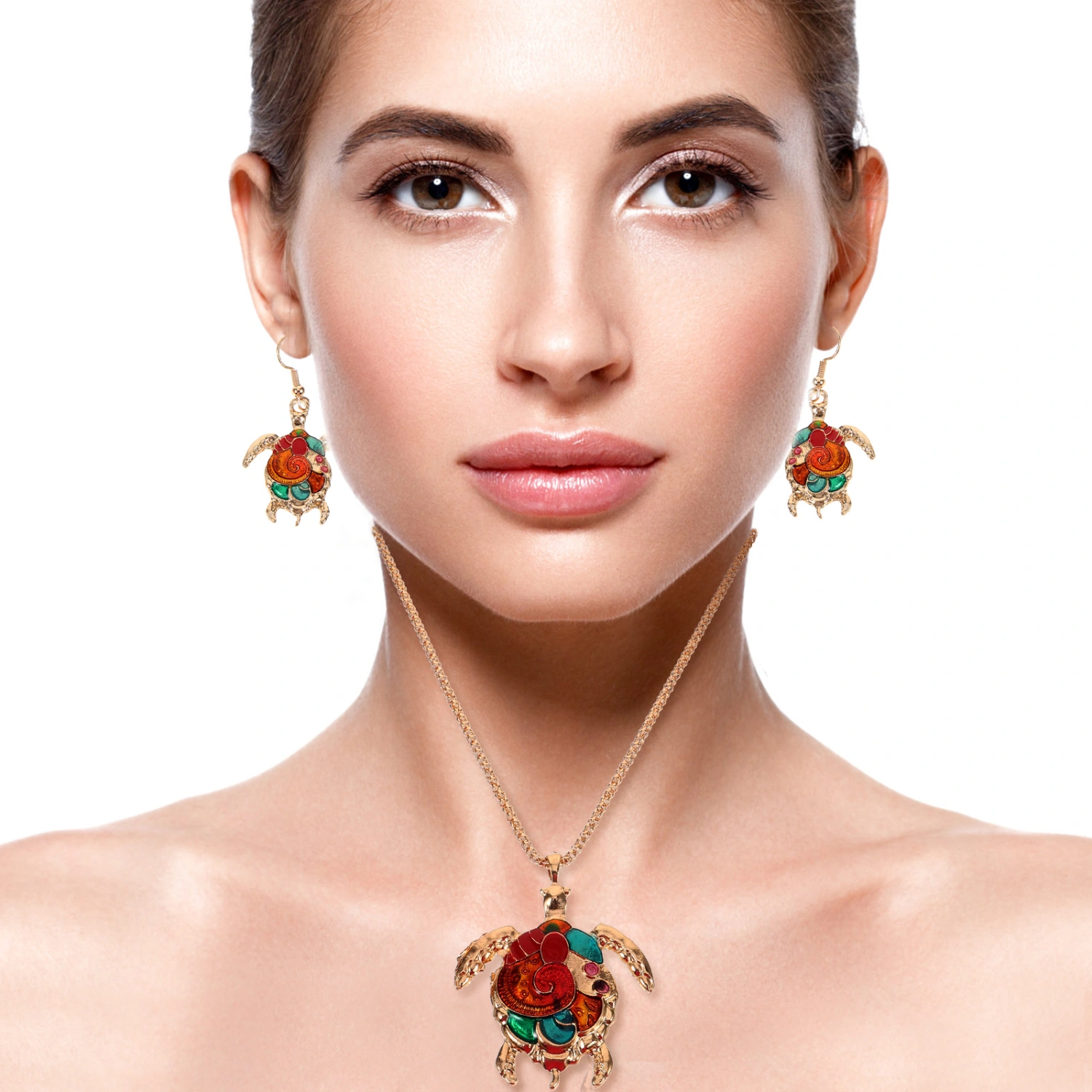 Turtle Pendant Necklace Neck Chain with Dangling Earrings Set for Jewelry Decoration (Gold)