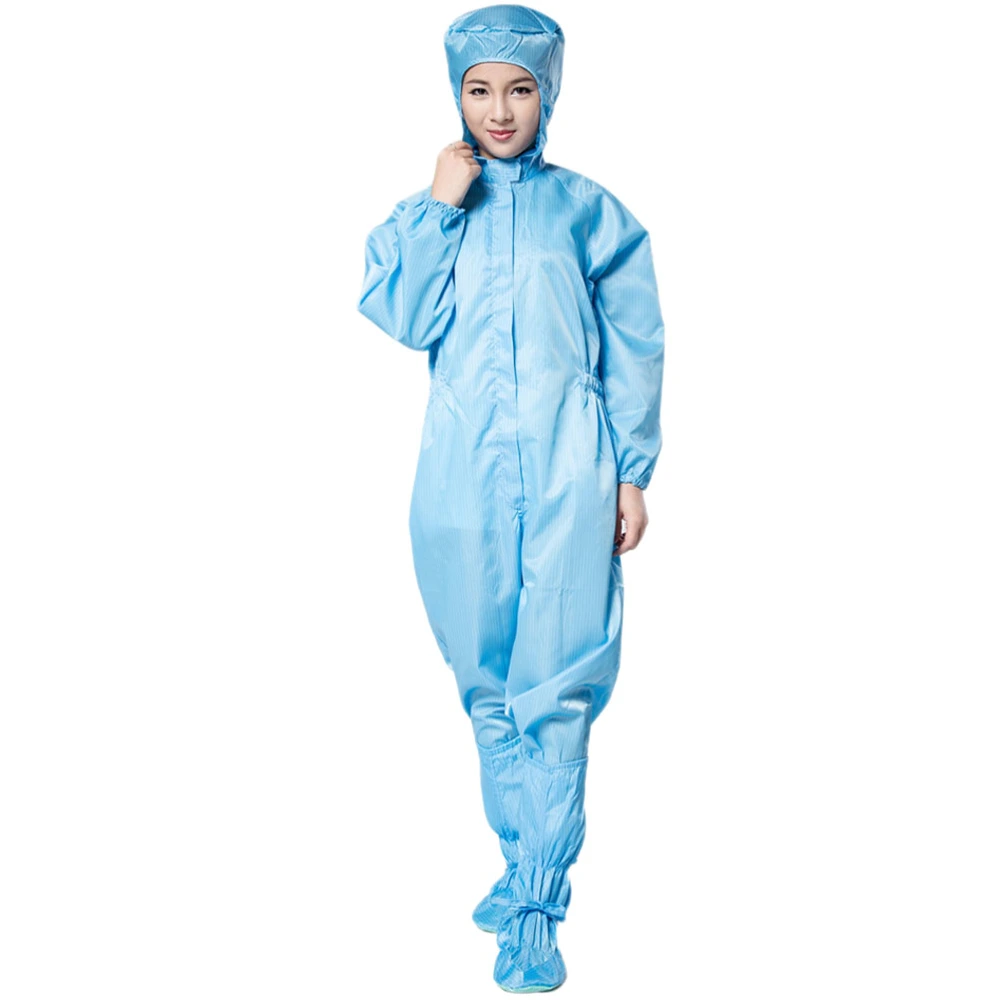 Blue Anti-static Coverall Full Security Protective Clothes Breathable Dust-proof Hooded Coat Labour Tops Costume Suit with Shoes Cover- Size XXXL