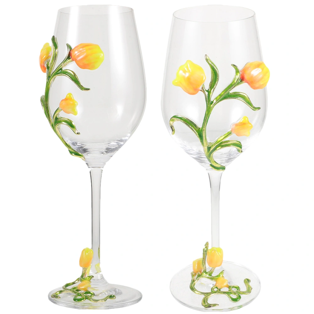 2pcs Liquor Glass Party Liquor Cup High Foot Glass Wine Glass Flower Painting Wine Glass Wine Flute