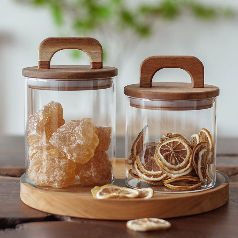 Glass Food Storage Container with Wooden Lid Canister Kitchen Glass Canister Sugar Container