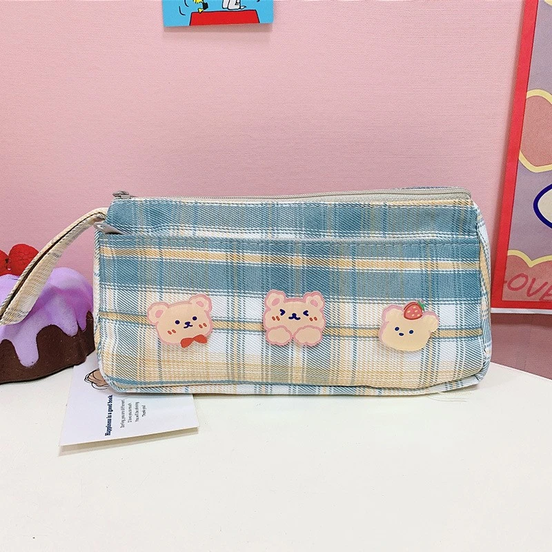 Checked Large Capacity Pencil Case Pen Storage Bag Double-compartment Zipper Pouch