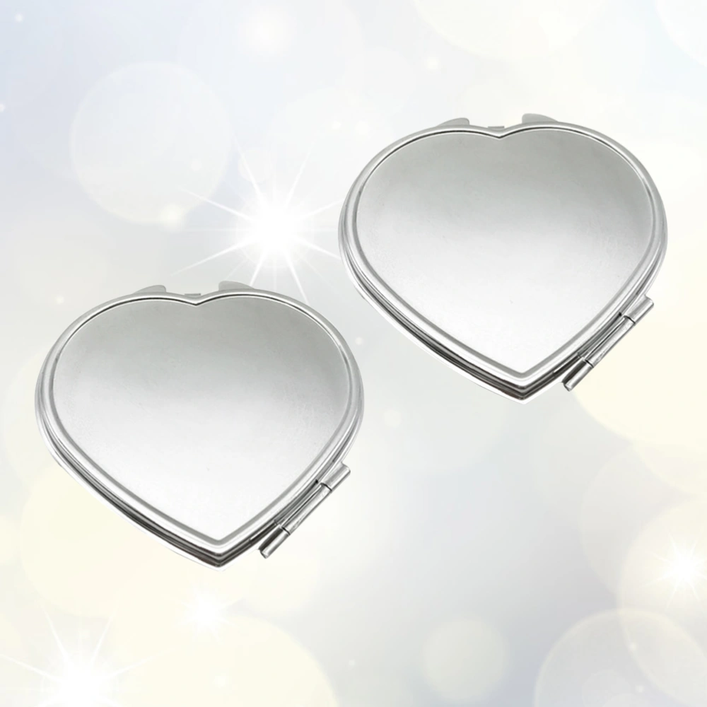 2pcs Metal Makeup Mirrors Heart Shape Design Portable Compact Size Foldable for Women Girls Ladies (Silver)